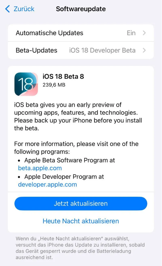 红山街道苹果手机维修分享苹果 iOS / iPadOS 18 开发者预览版 Beta 8 发布 